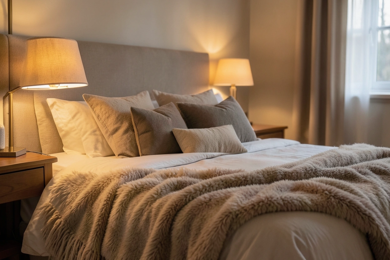 Chambre cosy et confortable avec plaid et coussins